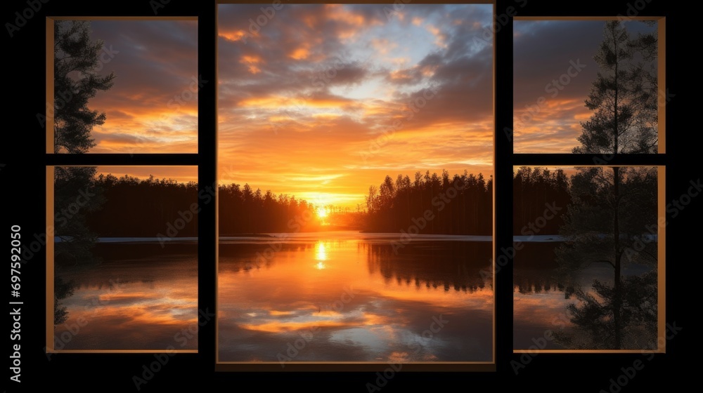 Poster a beautiful view of a lake through a window at sunset. perfect for capturing the tranquility and ser