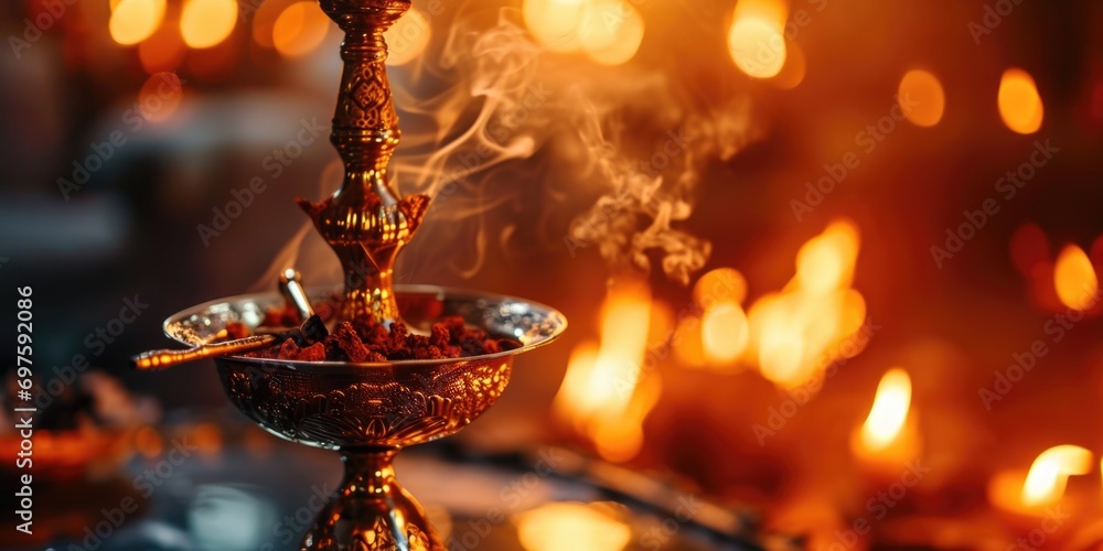Poster A metal bowl filled with smoke next to a lit candle. Perfect for creating a serene and atmospheric ambiance.