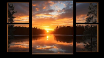 A beautiful view of a lake through a window at sunset. Perfect for capturing the tranquility and serenity of nature. Ideal for use in travel brochures, website backgrounds, and inspirational content