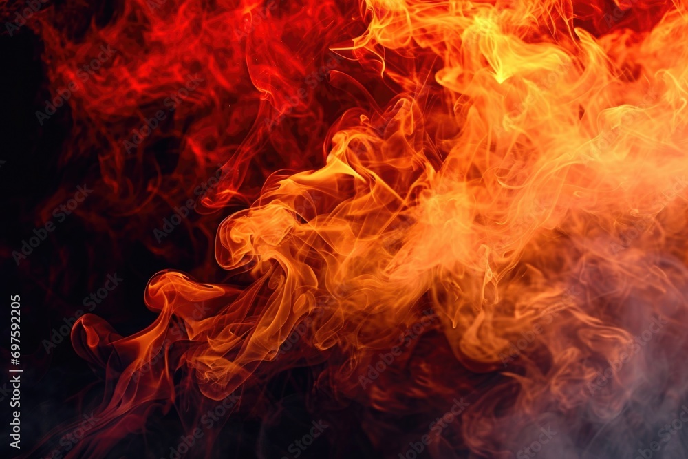 Poster A captivating close-up image showcasing the vibrant colors of red and yellow fire against a dark black background. Perfect for adding a dynamic and intense element to any project