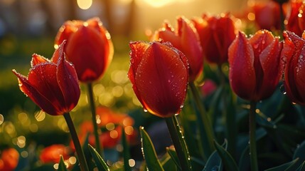A vibrant bunch of red tulips with glistening water droplets. Perfect for adding a pop of color to any project.