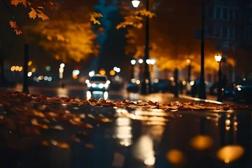 Foto op Plexiglas As raindrops fall on the city, the streets become a canvas for fallen leaves. The soft glow of streetlights guides the way for pedestrians, creating a realistic and tranquil autumn scene © Nazia