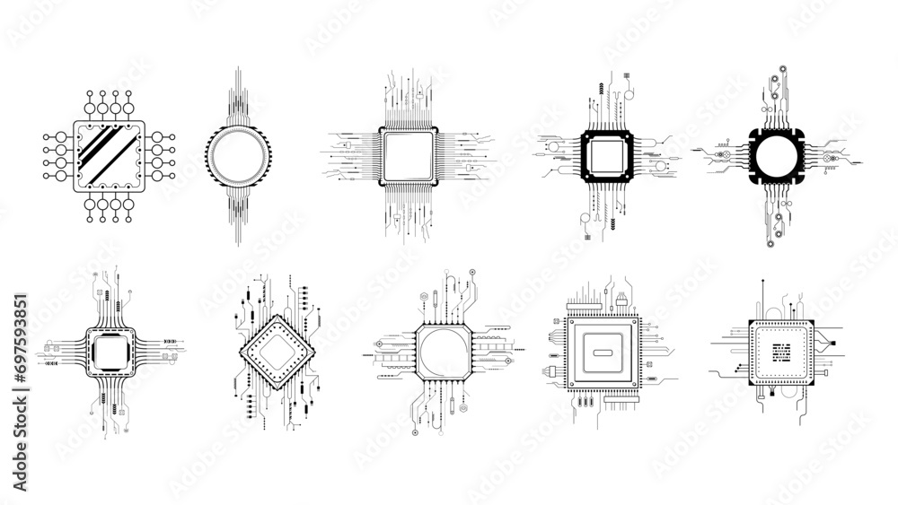 Poster set abstract collection black simple line cpu, computer, technology doodle outline element vector de