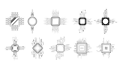 Set Abstract Collection Black Simple Line Cpu, Computer, Technology Doodle Outline Element Vector Design Style Sketch Isolated On White Background Illustration
