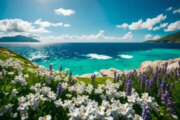 High-resolution shot using a 105mm lens of vibrant stones balanced on a green field, dotted with jasmine and lavender, overlooking a serene ocean and blue sky.