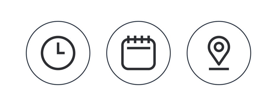 Time, date, address icon vector isolated on circle outline