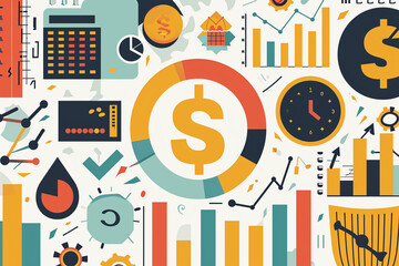 icons depicting financial concepts like a dollar sign, bank, and graph.