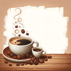 Background with cup of coffee and beans. Empty space for text.