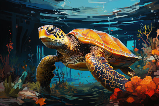 Bright and Colorful A Fauvism Style of a Turtles, Generative Ai