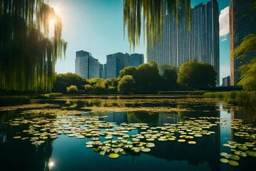 City lake adorned with stunning water lilies, reflecting the vivid cityscape under the radiant sun.