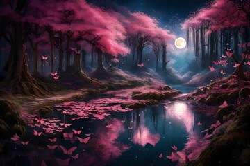 A panoramic shot of a fantasy forest under a full moon, featuring a cascade of glowing pink butterflies around a moonlit pond. The water reflects the moon and the luminescent flora around it.