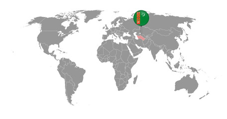 Pin map with Turkmenistan flag on world map. Vector illustration.