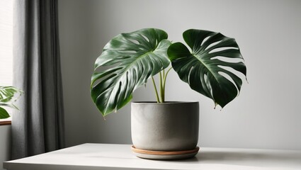 Beautiful monstera plant in pot on table indoors. Home decor