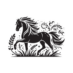 Simple Beauty of Horse Silhouette: Peaceful Grazing Scene, Gentle Equine Form Amidst Nature's Serenity - Tranquil Equestrian Moments
