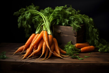 Fresh bunch of carrots next to a wooden box, dark background
