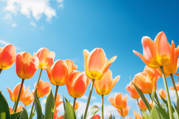 Orange spring tulip flowers in full bloom with blue sky in background