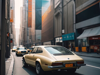 Fototapeta premium cars driving down a city street with tall buildings in the background