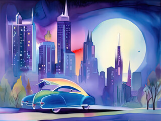 painting of a car in a city with a full moon in the background