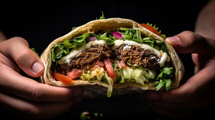 A cross-section of a falafel being placed into a pita, creating a mouth-watering sandwich. - obrazy, fototapety, plakaty
