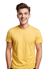 Obraz premium Smiling excited young man in yellow t-shirt, isolated background, transparent png