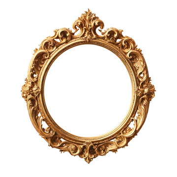 Antique gold round frame, isolated background, transparent png