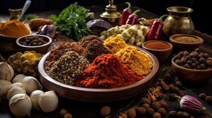 A kitchen counter covered with a variety of spices used in falafel preparation.