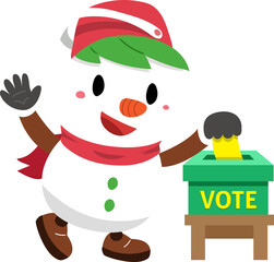 Cartoon christmas snowman voting paper in the ballot box for design.