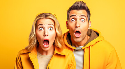 man and a woman with surprised expressions, both dressed in yellow, against a yellow background