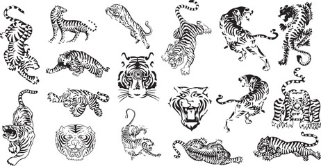 Set of traditional Thai tiger drawings from Thai Yantra designs. Vector elements. set tigers drawn in ink by hand ,objects with no background. Thai striped tiger picture. Traditional tattoo. logo icon
