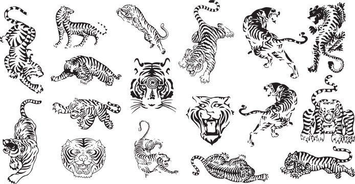 Set of traditional Thai tiger drawings from Thai Yantra designs. Vector elements. set tigers drawn in ink by hand ,objects with no background. Thai striped tiger picture. Traditional tattoo. logo icon