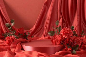 Red cylinder podium with roses and curtains. Valentines Day product presentation concept. Generative AI