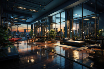 3d render interior of fitness room with big window and city view