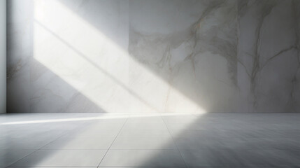 Room with Marble Walls and Floor, White Walls, White Marble Interior, Realistic Light and Shadow, Angular Dynamic White Stone Floor, Fully Rendered Light in Shadow, Detailed Natural Light.