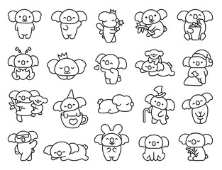 Cute kawaii koala bear. Coloring Page. Australian animals cartoon character. Hand drawn style. Vector drawing. Collection of design elements.