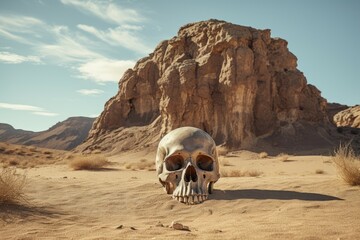 Weathered Human skull in desert. Dead head. Generate Ai
