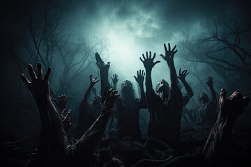 Scary halloween background with zombie hands. Horror Halloween concept