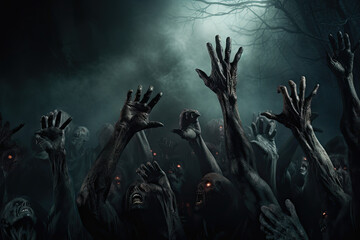 Scary halloween background with zombie hands. Horror Halloween concept - obrazy, fototapety, plakaty