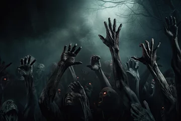 Fotobehang Scary halloween background with zombie hands. Horror Halloween concept © Kitta