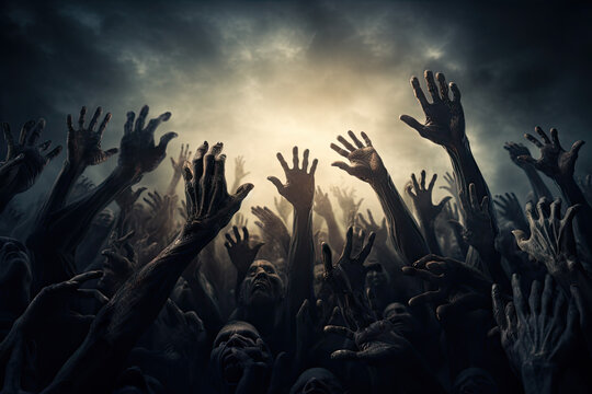 Scary halloween background with zombie hands. Horror Halloween concept