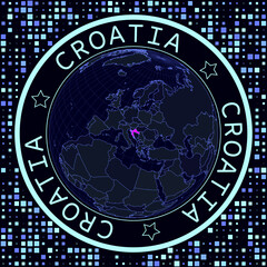 Croatia on globe vector. Futuristic satelite view of the world centered to Croatia. Geographical illustration with shape of country and squares background. Bright neon colors on dark background.
