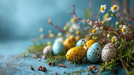 Close-up of speckled Easter eggs nestled among fresh spring flowers and greenery on a textured surface. - Powered by Adobe