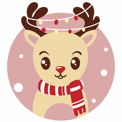 Cartoon reindeer with red scarf and garland wrapped around his antlers, Christmas card