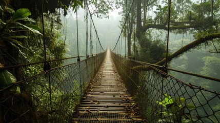  A long suspension bridge made of wooden planks and surrounded by metal netting extending into the distance through a dense forest shrouded in fog.  - obrazy, fototapety, plakaty