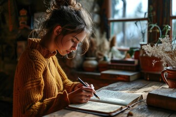 Fototapeta na wymiar Woman writing diary entries in an old-fashioned house