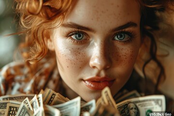 Portrait of a red-haired women with freckles with an armful of money