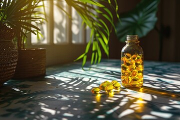 Bottle with yellow round vitamins in the form of jelly on the windowsill - obrazy, fototapety, plakaty