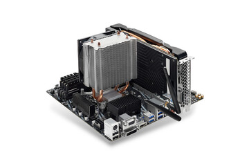 Motherboard assembly with processor, cooler and video card.