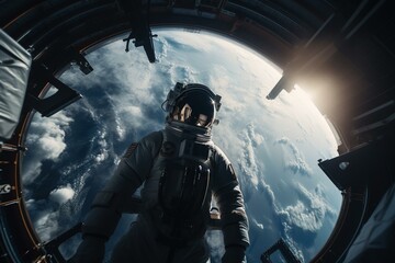 picture of an astronaut in a space station gazing at Earth as seen from above, with clouds and satellites in orbit around the globe. Generative AI