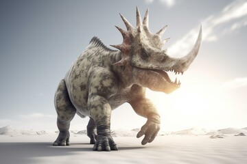 3D render of triceratops charging on white background. Generative AI