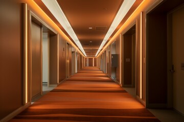 Elongated Interior long hotel corridor. Wall door floor. Generate Ai